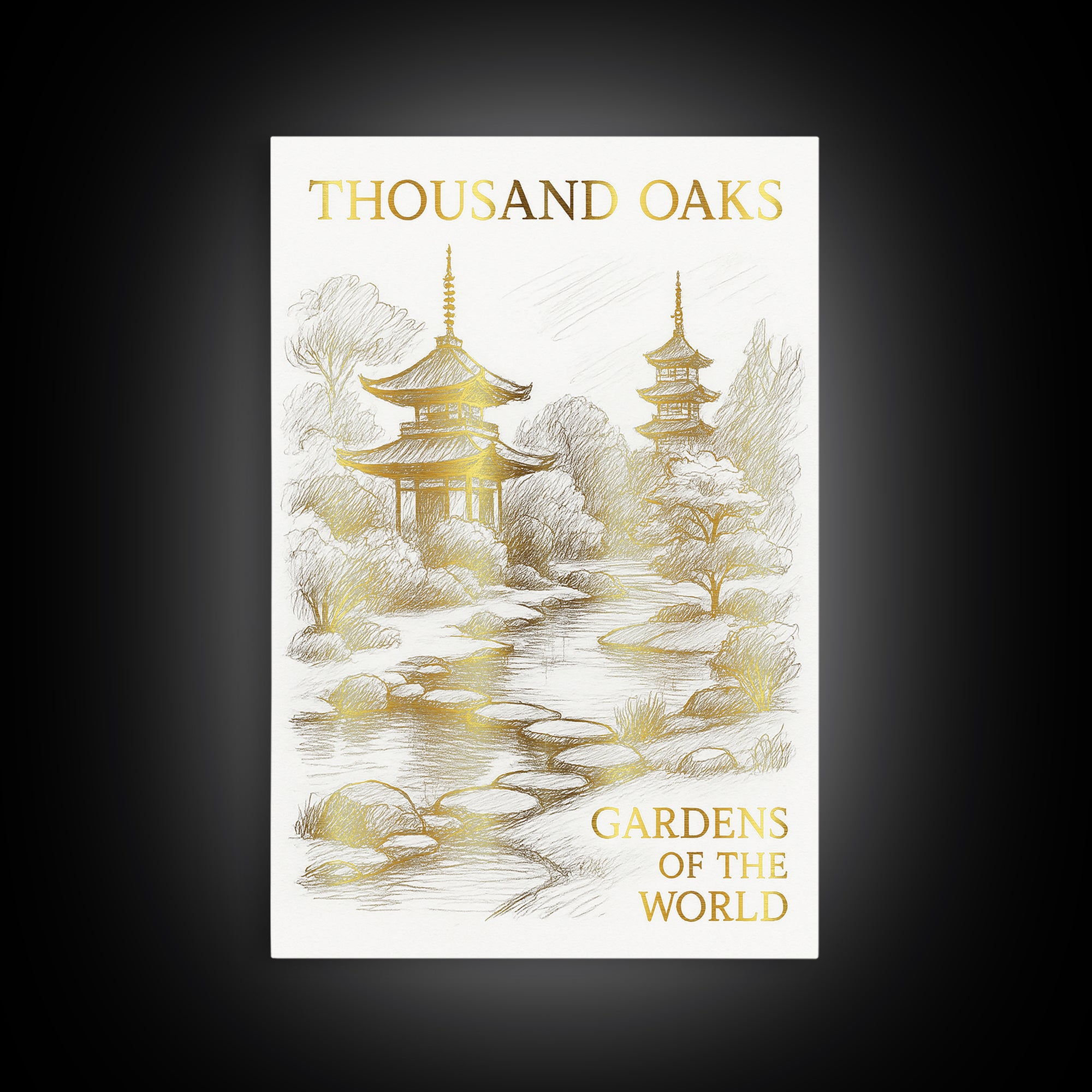 Thousand Oaks California Travel Poster, Canvas Print, White And Gold Sketch Art, Thousand Oaks Travel Art, Travel Print, Poster Print