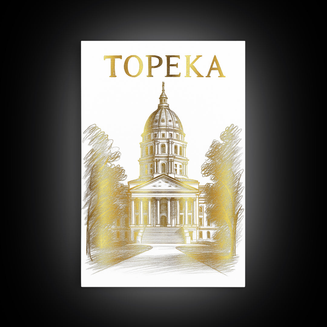 Topeka Kansas Travel Poster, Framed Canvas Print, Gold Line Drawing Wall Art, Topeka Poster Print, Gift For Travelers, Travel Poster Art