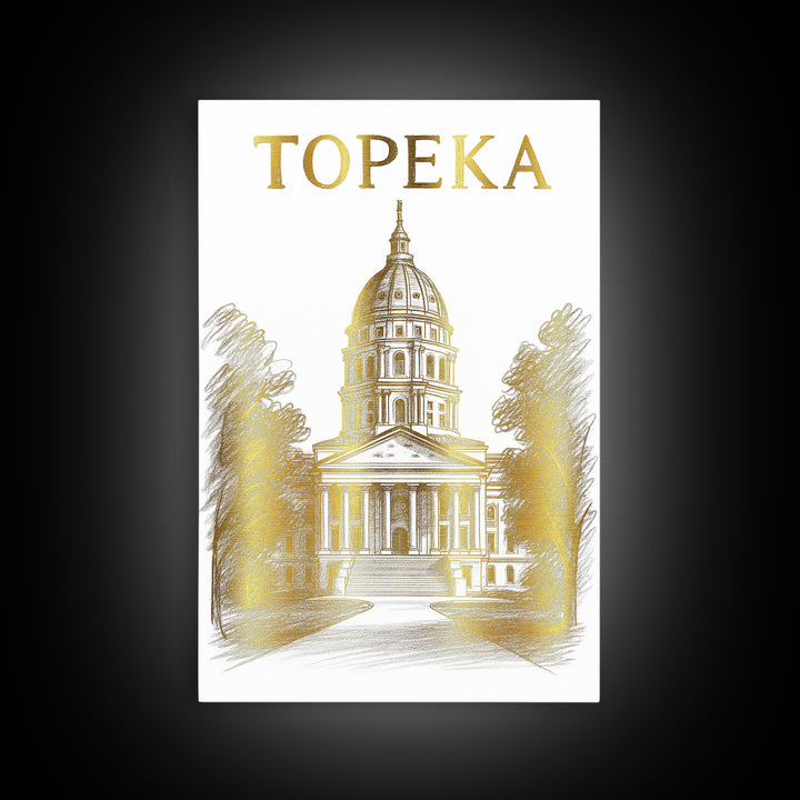 Topeka Kansas Travel Poster, Framed Canvas Print, Gold Line Drawing Wall Art, Topeka Poster Print, Gift For Travelers, Travel Poster Art