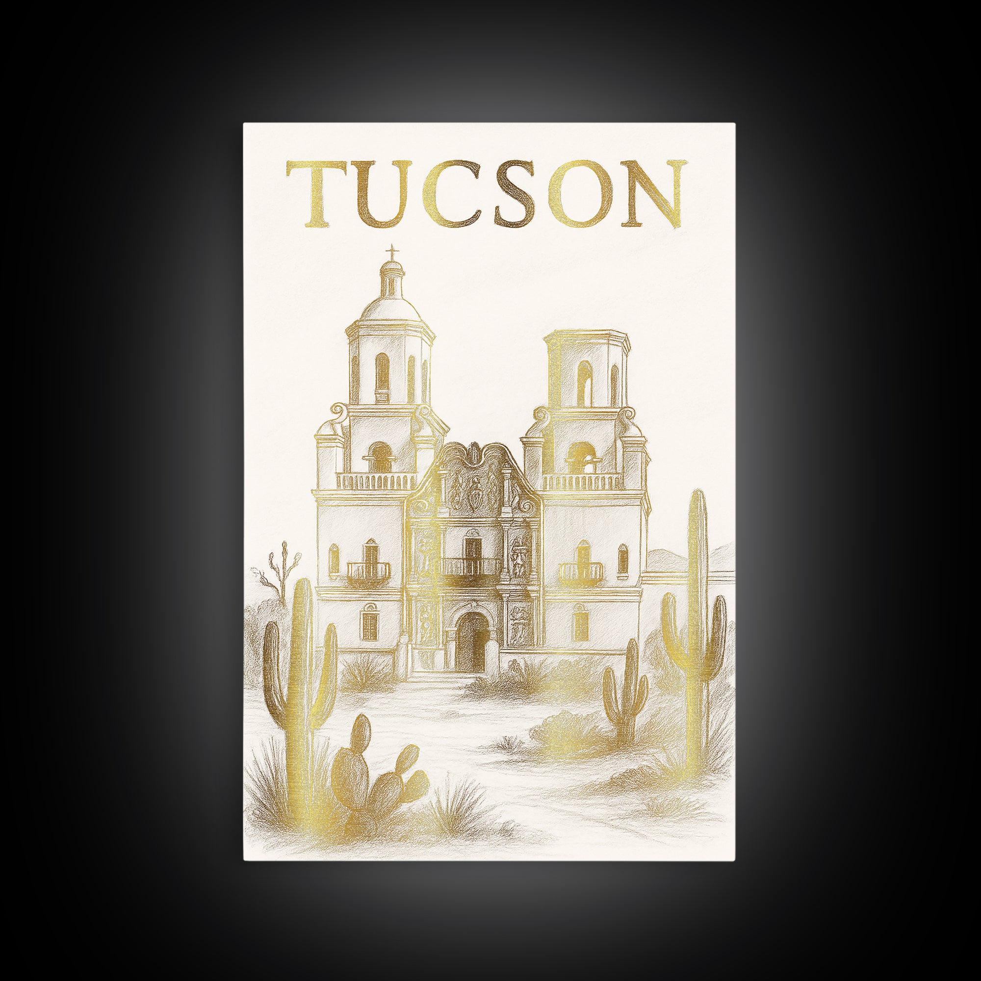 Tucson Arizona Travel Poster, Canvas Print, White And Gold Sketch Art, Tucson Poster Print, Vintage City Art, Travel Art, Retro Travel Print