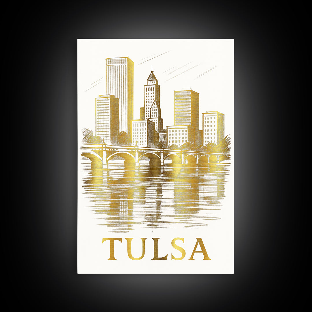 Tulsa Travel Poster, Canvas Print, Gold Line Drawing Wall Art, Tulsa City Art, Travel Wall Art, Travel Art Print, Vintage Travel Print