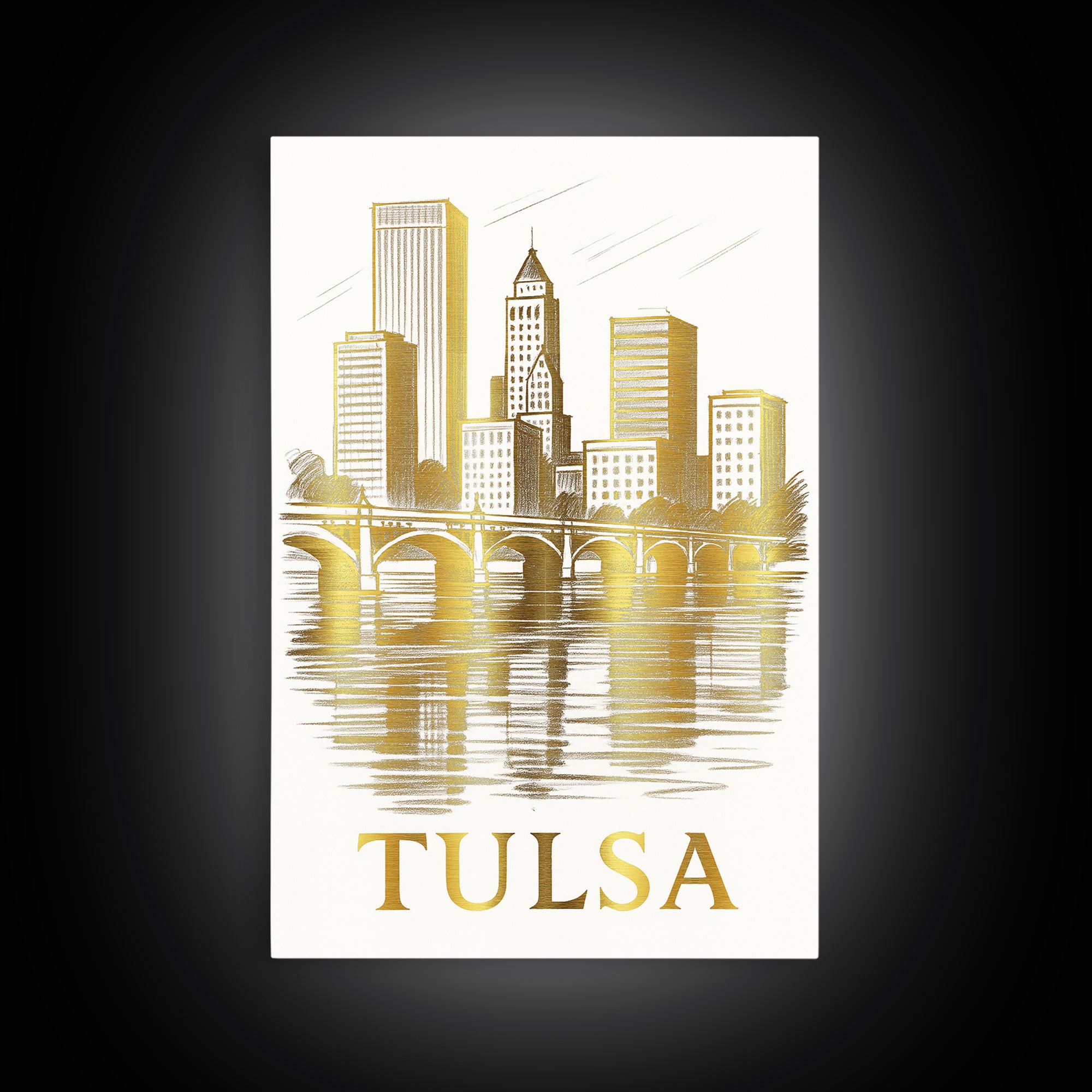 Tulsa Travel Poster, Canvas Print, Gold Line Drawing Wall Art, Tulsa City Art, Travel Wall Art, Travel Art Print, Vintage Travel Print