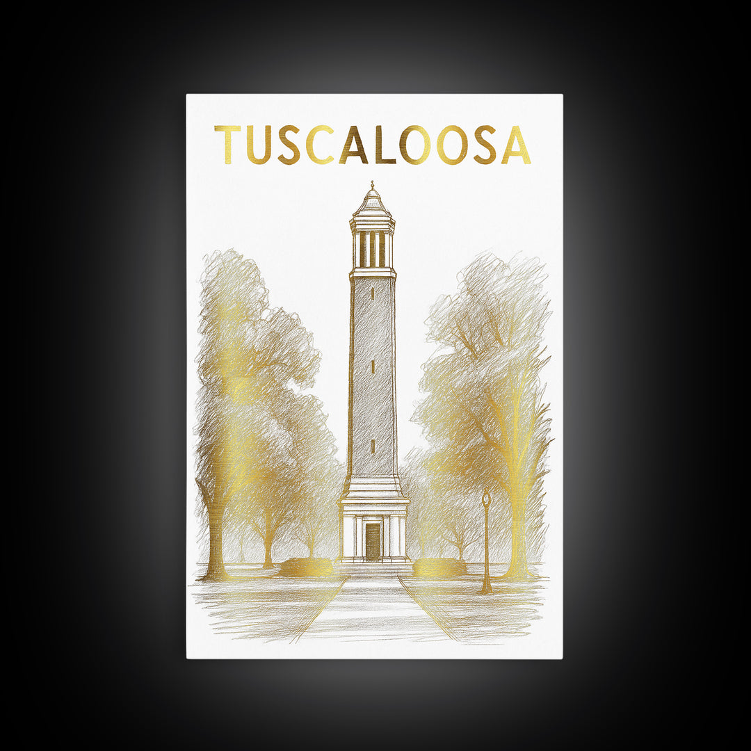 Tuscaloosa Alabama Travel Poster, Framed Canvas Print, White And Gold Sketch Art, Tuscaloosa City Art, Home Office Decor, Modern Wall Decor