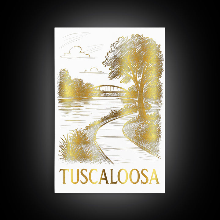 Tuscaloosa Travel Poster, Framed Canvas Print, White And Gold Sketch Art, Tuscaloosa Art Print, Travel Wall Decor, Eclectic Wall Decor