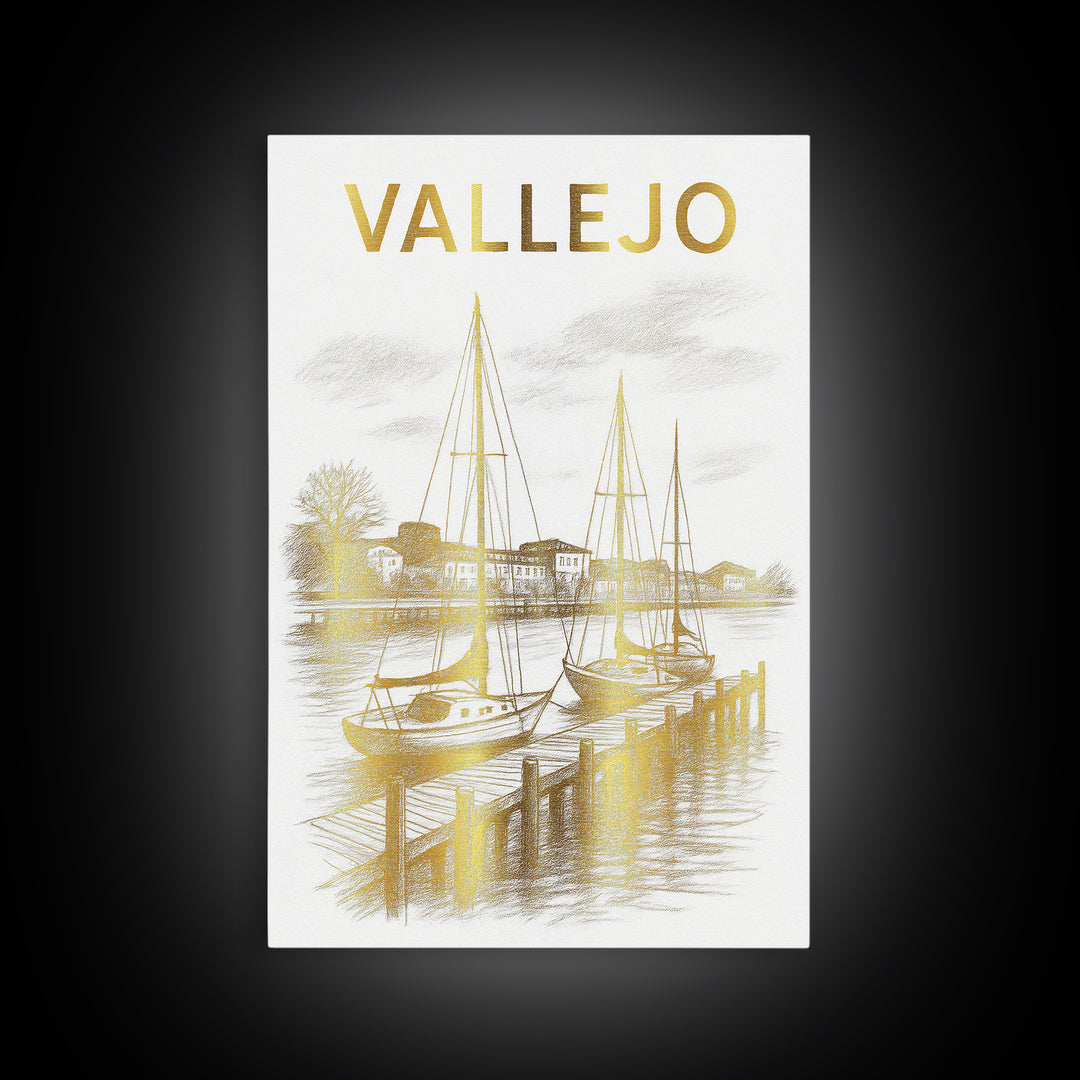 Vallejo California Travel Poster, Framed Canvas Print, White And Gold Sketch Art, Vallejo Poster Print, City Art Print, City Illustration