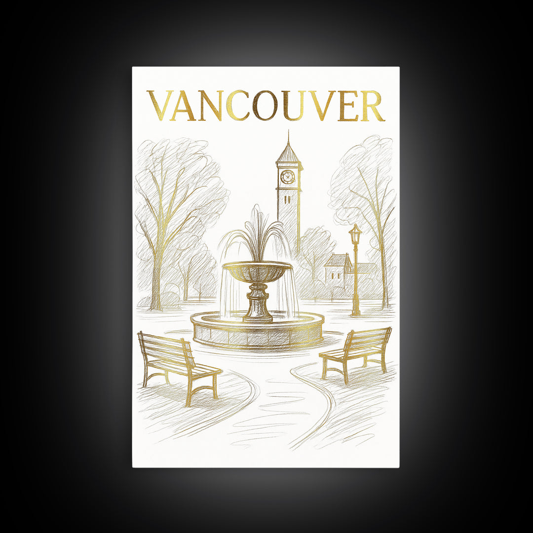 Vancouver Washington Travel Poster, Canvas Print, Gold Line Drawing Wall Art, Vancouver Travel Art, Home Office Decor, Living Room Wall Art
