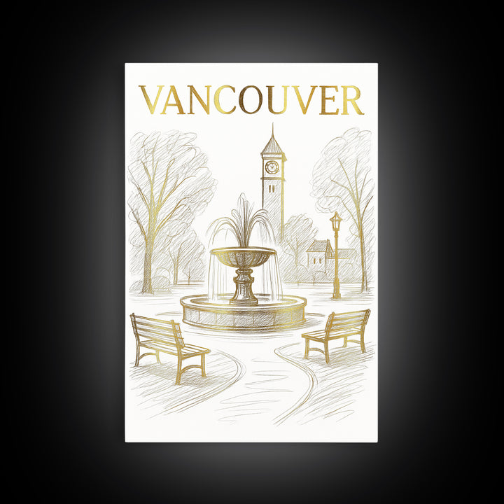Vancouver Washington Travel Poster, Canvas Print, Gold Line Drawing Wall Art, Vancouver Travel Art, Home Office Decor, Living Room Wall Art