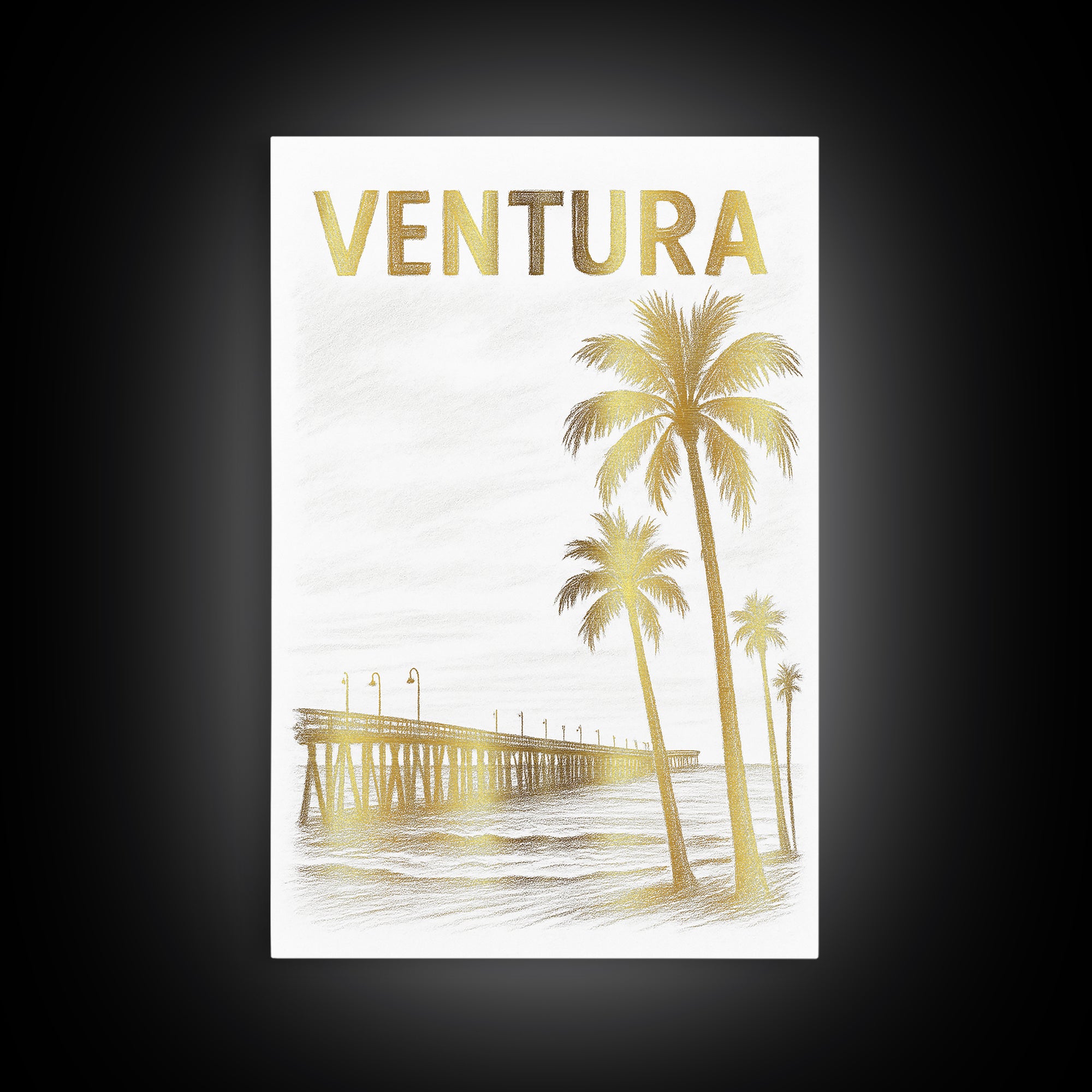 Ventura California Travel Poster, Framed Canvas Print, White And Gold Sketch Art, Ventura City Art, Watercolor Skyline, Travel Poster Art