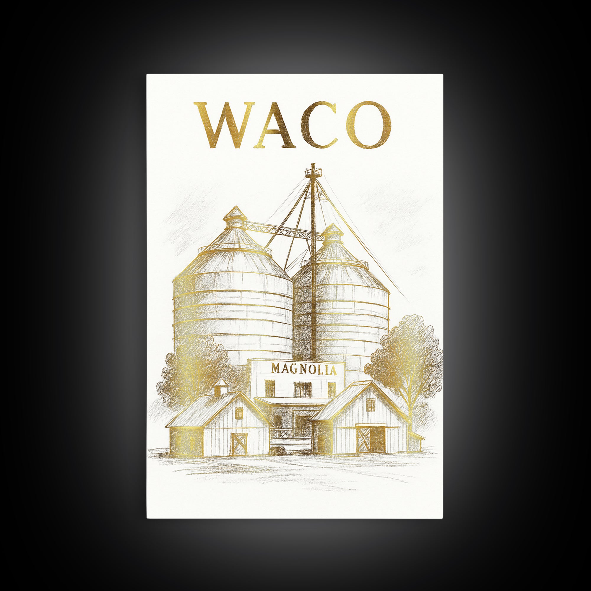 Waco Texas Travel Poster, Framed Canvas Print, White And Gold Sketch Art, Waco Poster Print, Vintage City Poster, City Travel Prints