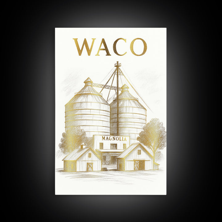 Waco Texas Travel Poster, Framed Canvas Print, White And Gold Sketch Art, Waco Poster Print, Vintage City Poster, City Travel Prints