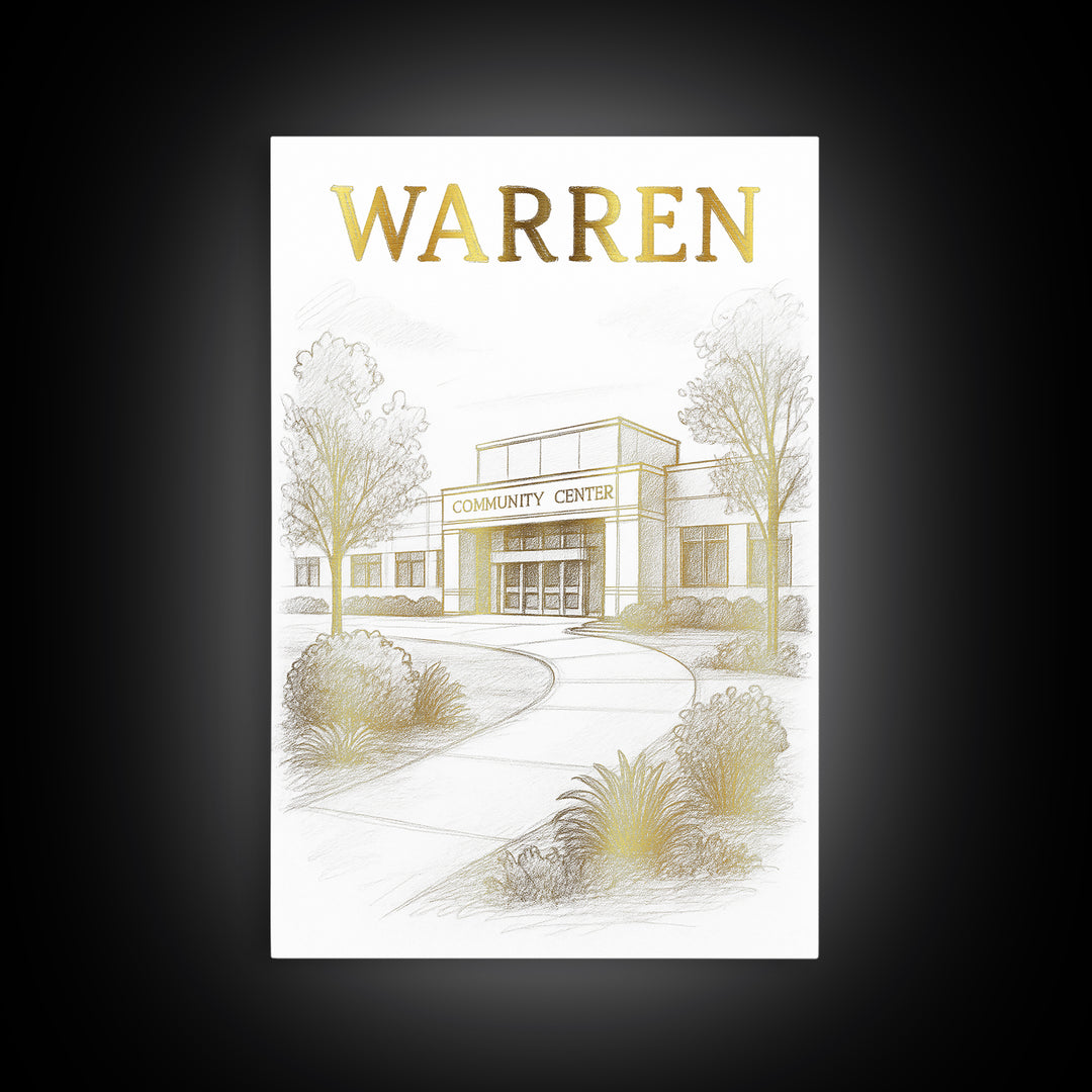 Warren Michigan Travel Poster, Canvas Print, White And Gold Sketch Art, Warren Travel Art, City Art Print, Eclectic Wall Decor, Poster Art