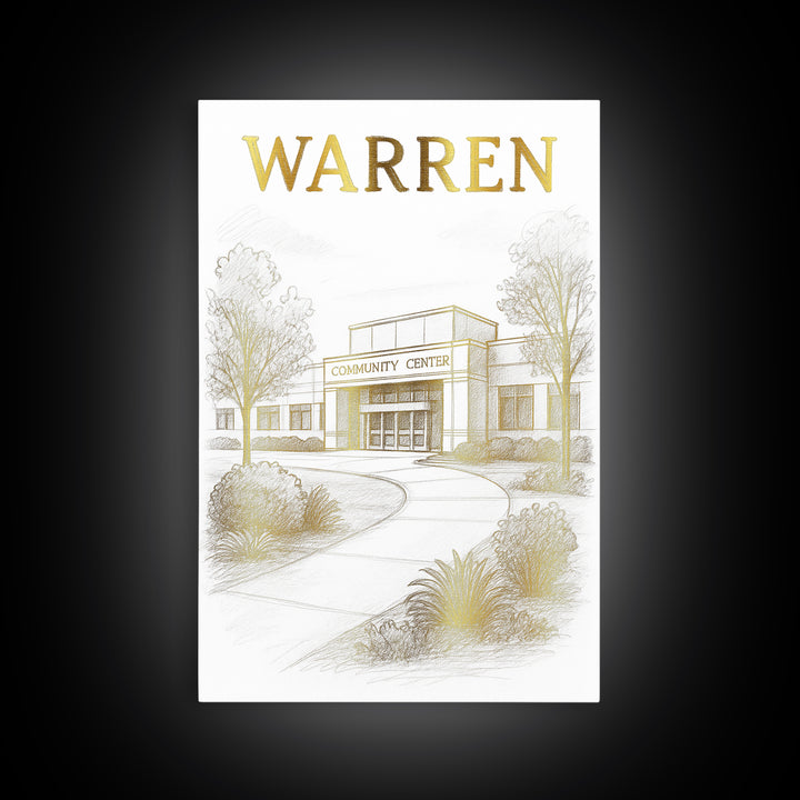 Warren Michigan Travel Poster, Canvas Print, White And Gold Sketch Art, Warren Travel Art, City Art Print, Eclectic Wall Decor, Poster Art