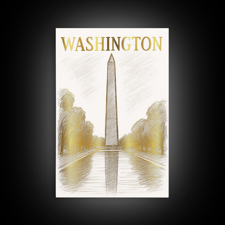 Washington DC Travel Poster, Canvas Print, White And Gold Sketch Art, Washington Poster Print, City Illustration, Modern Wall Decor