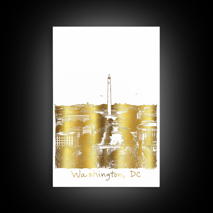 Washington DC Travel Poster, Framed Canvas Print, White And Gold Sketch Art, Washington DC City Art, Modern Wall Decor, Wanderlust Decor