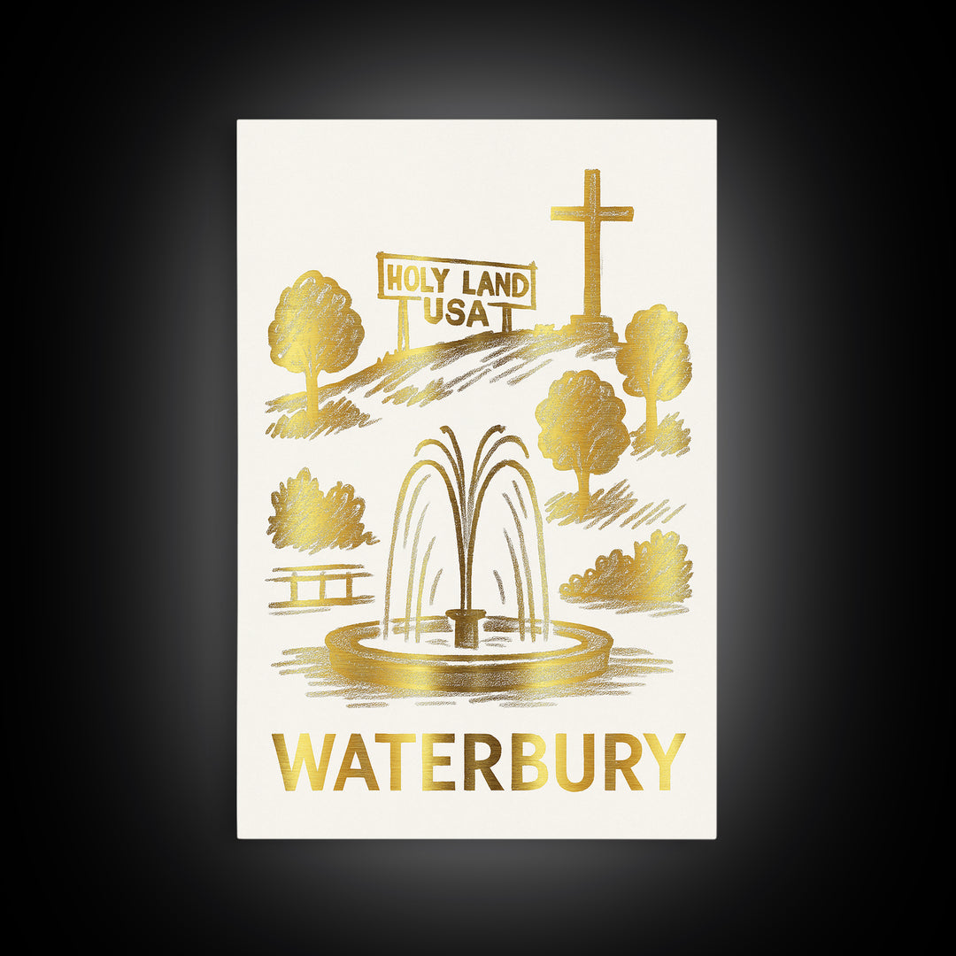 Waterbury Travel Poster, Canvas Print, White And Gold Sketch Art, Waterbury City Art, Travel Wall Decor, City Travel Prints, Travel Print