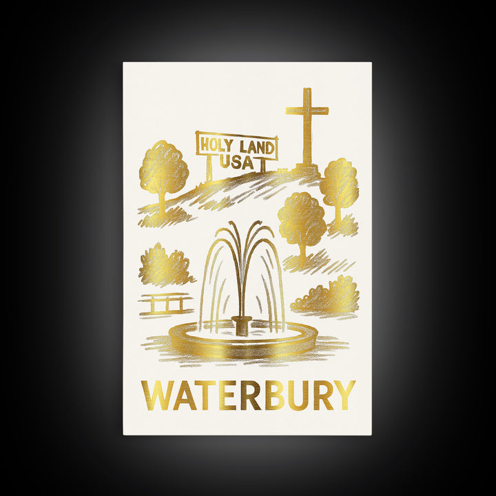 Waterbury Travel Poster, Canvas Print, White And Gold Sketch Art, Waterbury City Art, Travel Wall Decor, City Travel Prints, Travel Print