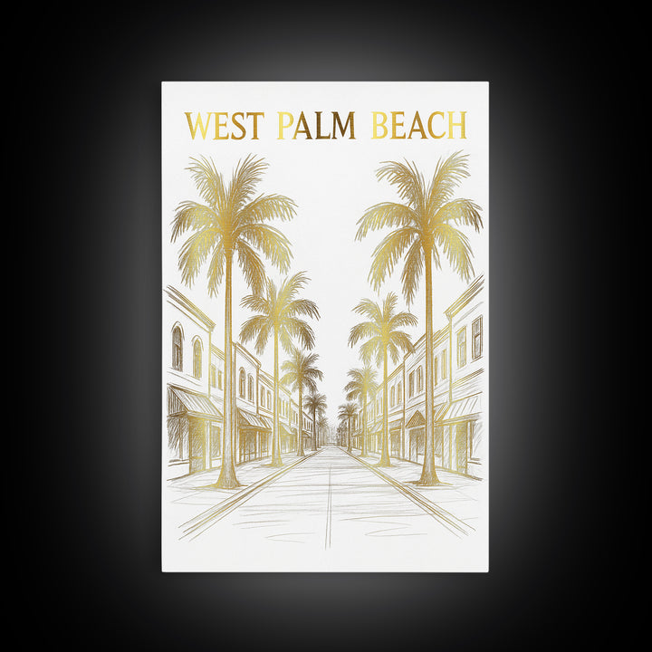 West Palm Beach Florida Travel Poster, Canvas Print, Gold Line Drawing Wall Art, West Palm Beach Art Print, Office Decor, City Poster