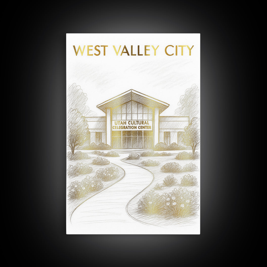 West Valley City Travel Poster, Canvas Print, Gold Line Drawing Wall Art, West Valley City Wall Art, Watercolor Urban Skyline, Travel Print