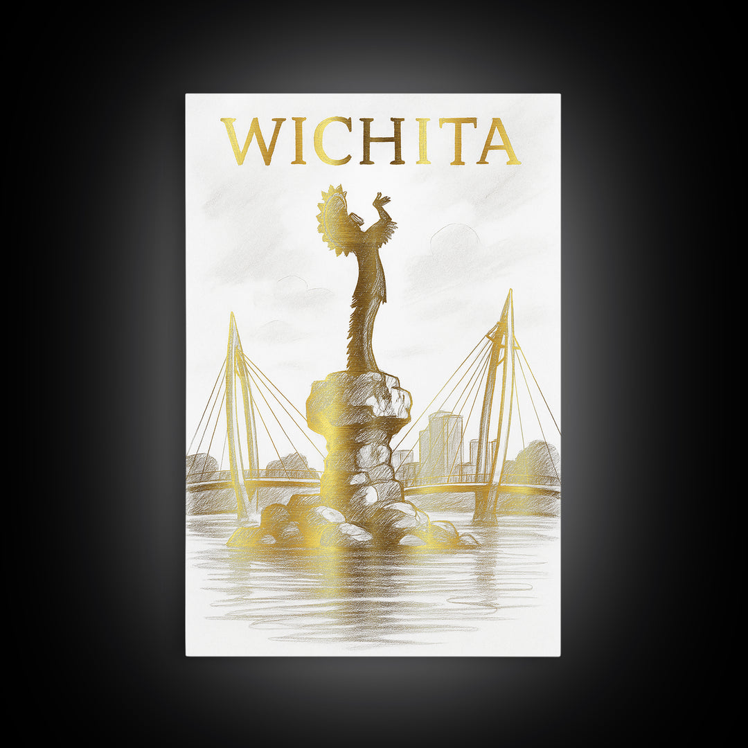Wichita Kansas Travel Poster, Canvas Print, Gold Line Drawing Wall Art, Wichita Wall Art, Wall Decor, Modern Wall Decor, Travel Wall Art