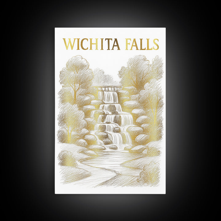 Wichita Falls Texas Travel Poster, Canvas Print, Gold Line Drawing Wall Art, Wichita Falls City Art, Travel Poster Art, Watercolor Skyline