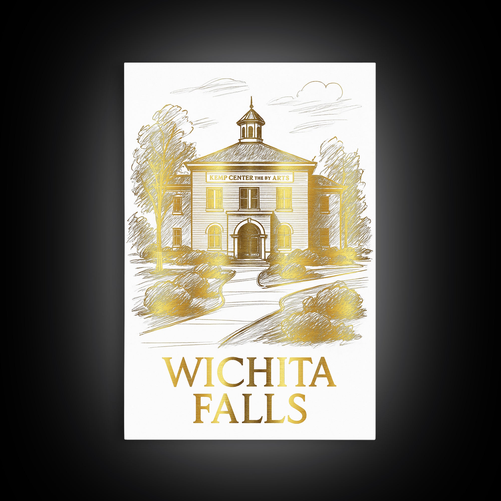 Wichita Falls Travel Poster, Framed Canvas Print, White And Gold Sketch Art, Wichita Falls City Art, Vintage City Art, Travel Wall Art