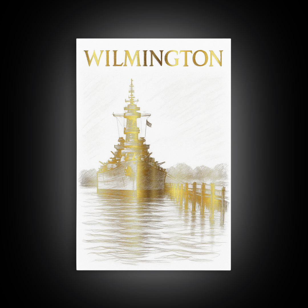 Wilmington North Carolina Travel Poster, Canvas Print, Gold Line Drawing Wall Art, Wilmington Travel Art, Travel Prints, Vintage City Poster