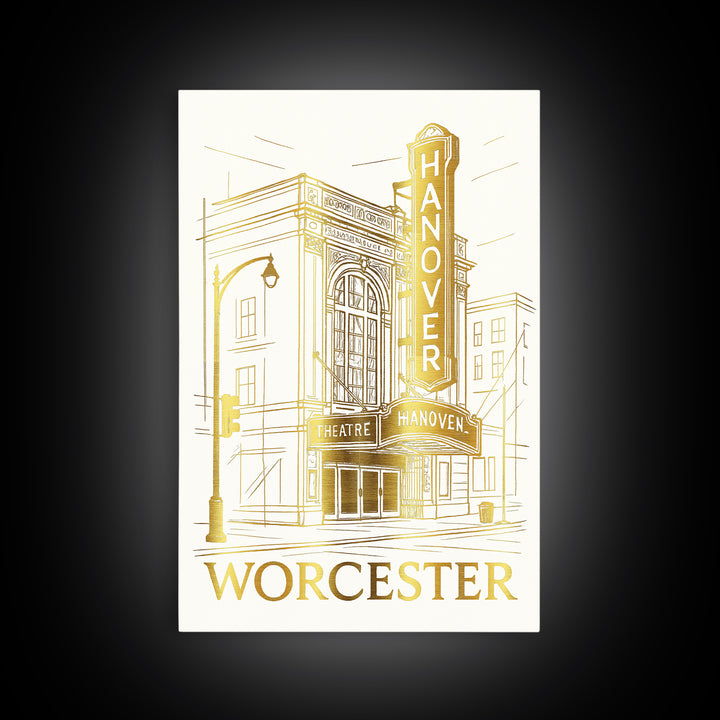 Worcester Travel Poster, Canvas Print, Gold Line Drawing Wall Art, Worcester Art Print, Travel Wall Art, Home Office Decor, Retro Poster