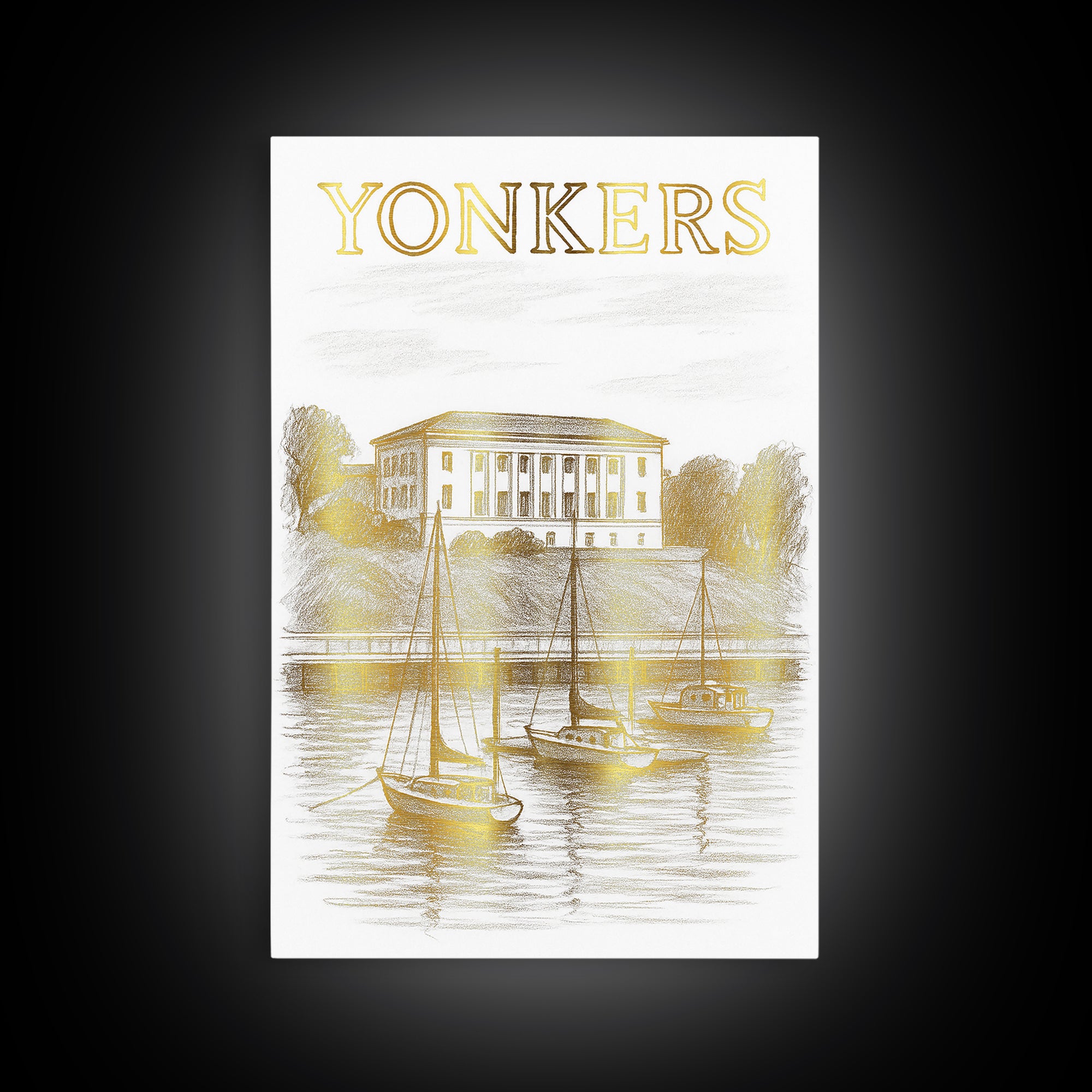 Yonkers New York Travel Poster, Canvas Print, White And Gold Sketch Art, Yonkers Travel Art, Travel Art, Travel Wall Art, City Travel Prints