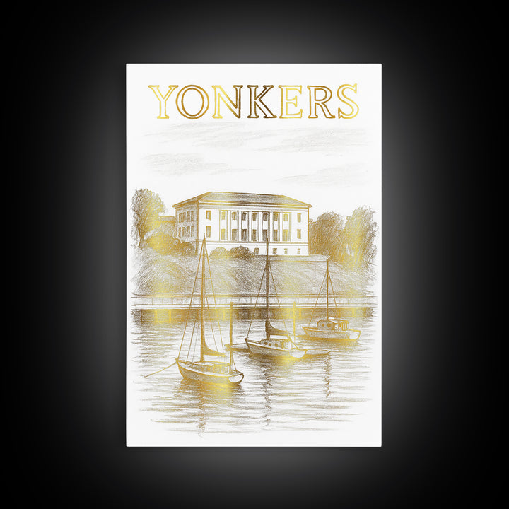 Yonkers New York Travel Poster, Canvas Print, White And Gold Sketch Art, Yonkers Travel Art, Travel Art, Travel Wall Art, City Travel Prints