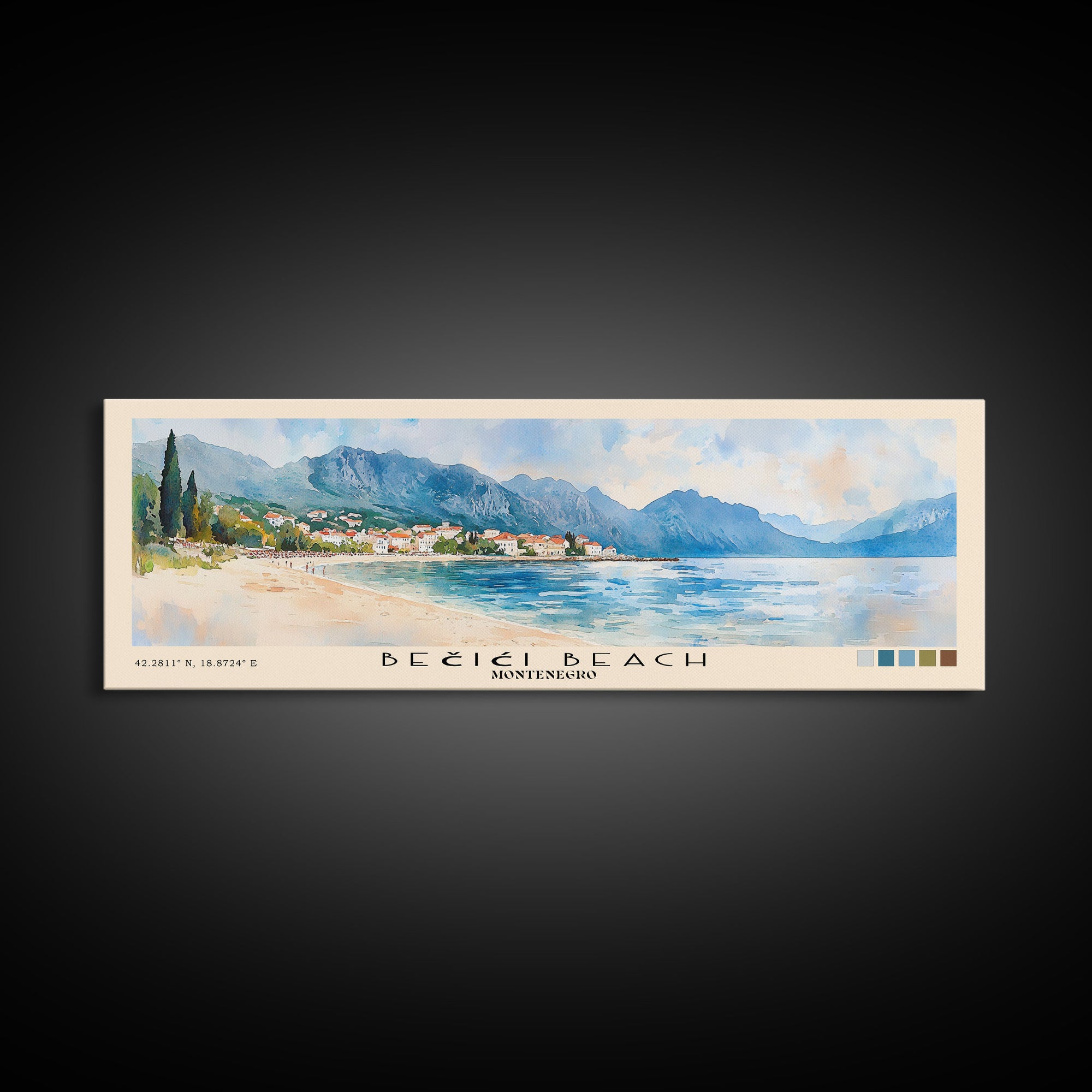 Bečići Beach, Montenegro Watercolor Print, Vacation Gift, Montenegro Wall Art, Beach Painting, Beach Decor, Large Wall Art, Wood Frame Art