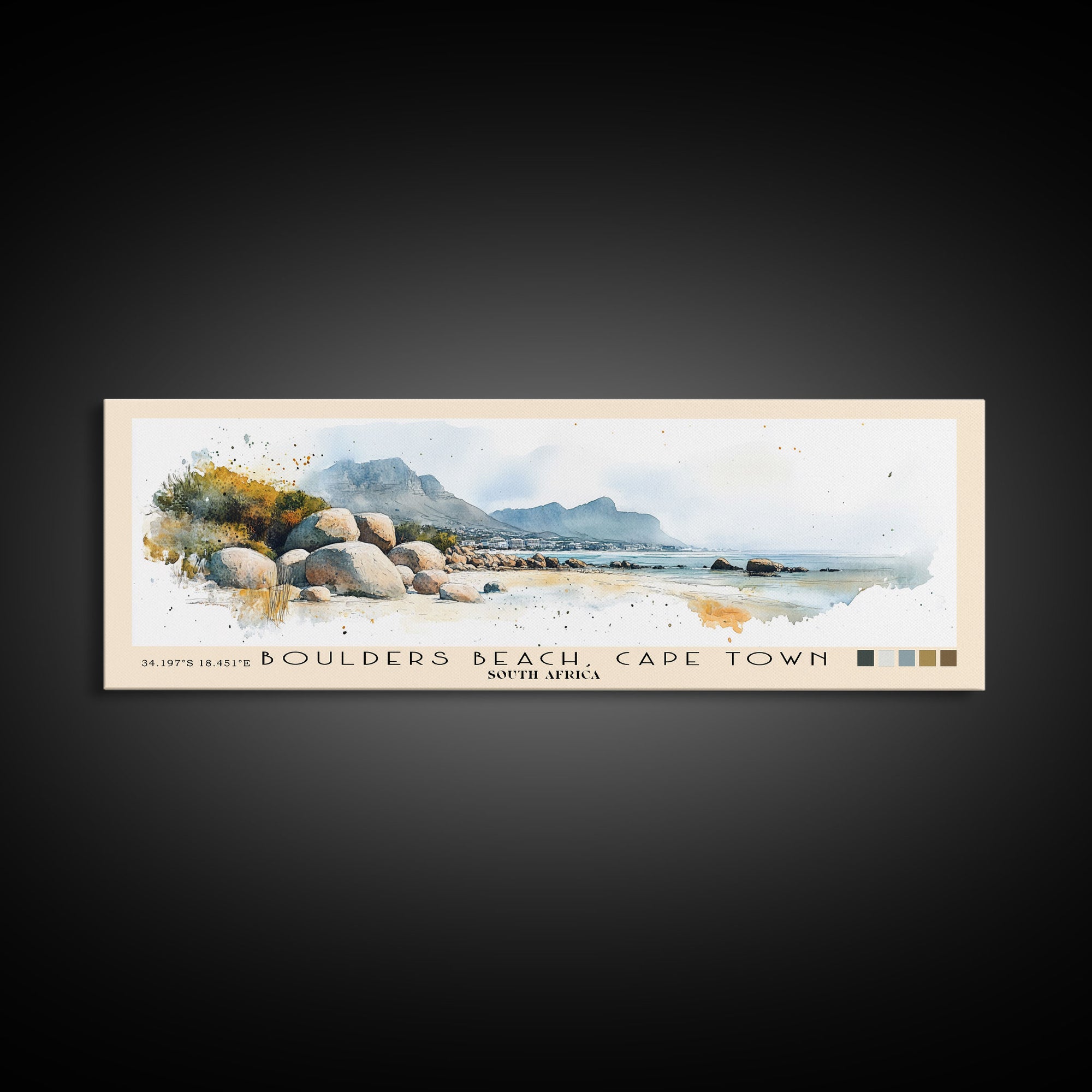Boulders Beach, Cape Town, South Africa Watercolor Print, Vacation Gift, South Africa Wall Art, Beach Painting, Beach Decor, Large Wall Art, Wood Frame Art