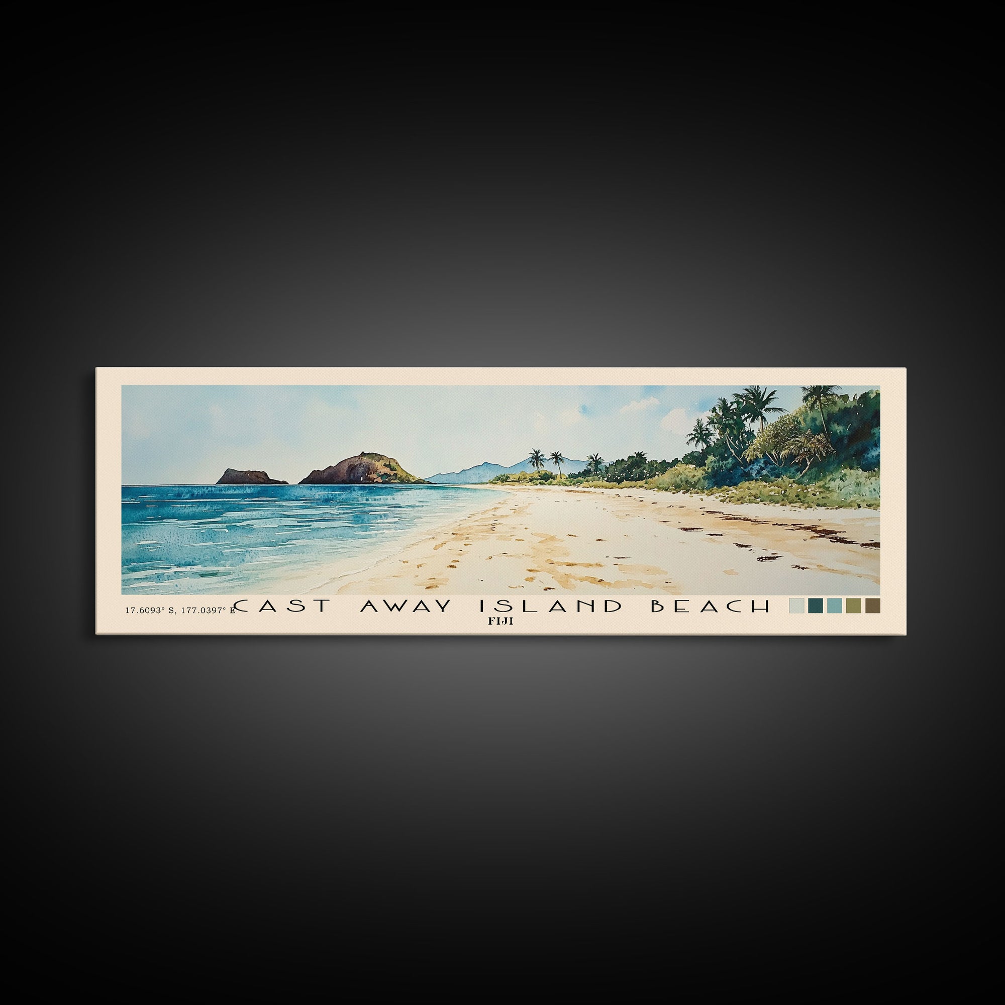 Cast Away Island Beach, Fiji Watercolor Print, Vacation Gift, Fiji Wall Art, Beach Painting, Beach Decor, Large Wall Art, Wood Frame Art