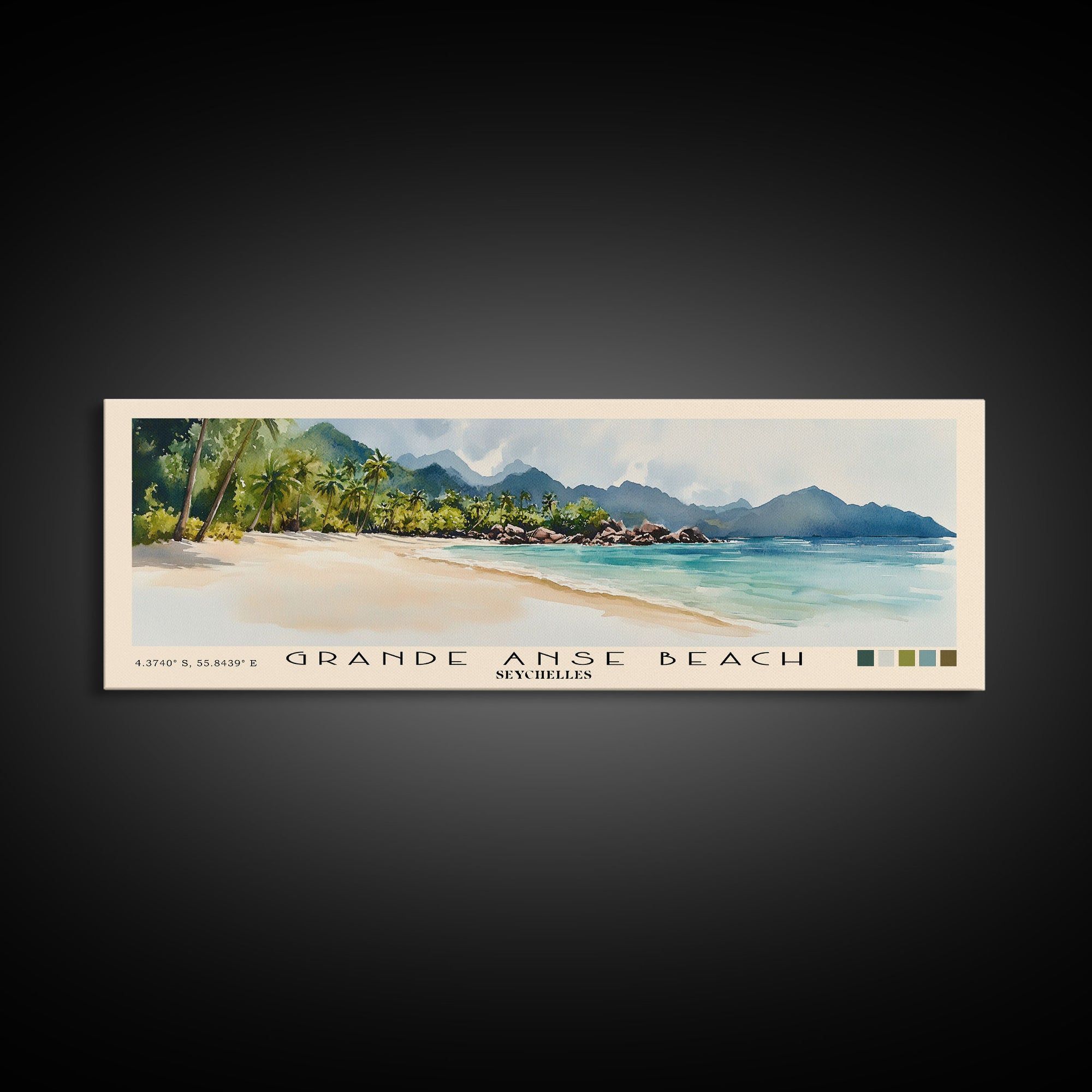 Grande Anse Beach, Seychelles Watercolor Print, Vacation Gift, Seychelles Wall Art, Beach Painting, Beach Decor, Large Wall Art, Wood Frame Art