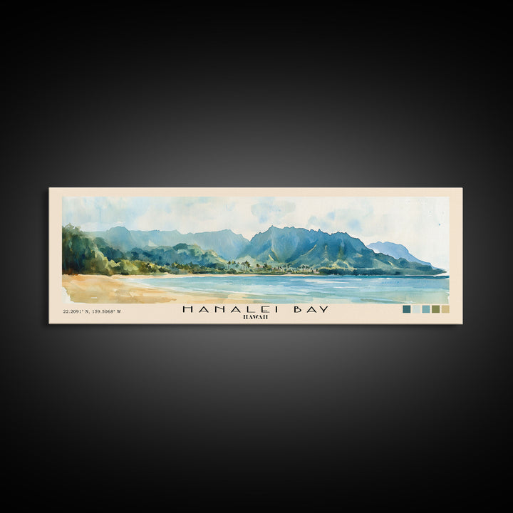 Hanalei Bay, Hawaii Watercolor Beach Print, Vacation Gift, Hawaii Wall Art, Framed Canvas Print, Framed Beach Painting