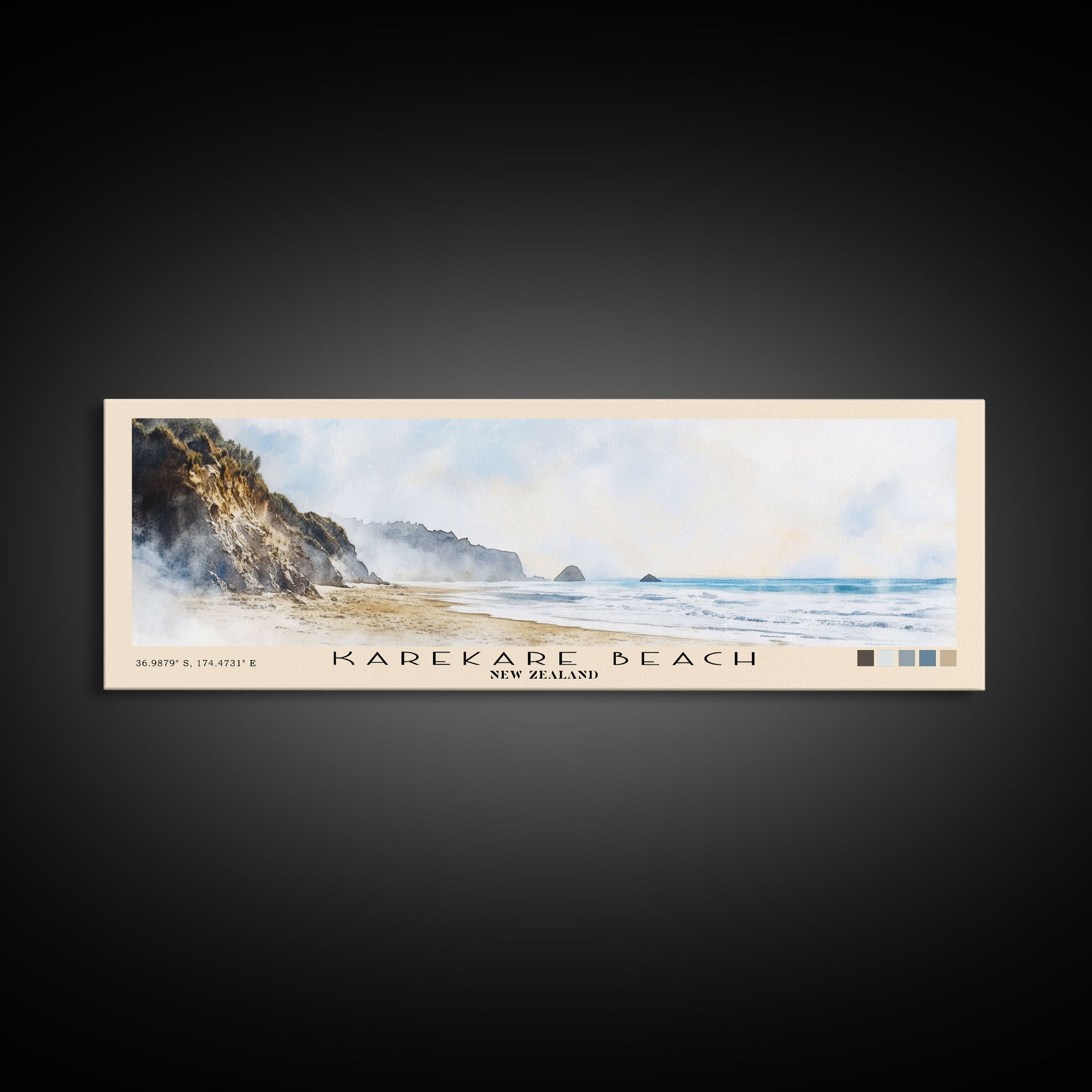 Karekare Beach, New Zealand Watercolor Beach Print, Vacation Gift, New Zealand Wall Art, Framed Canvas Print, Framed Beach Painting