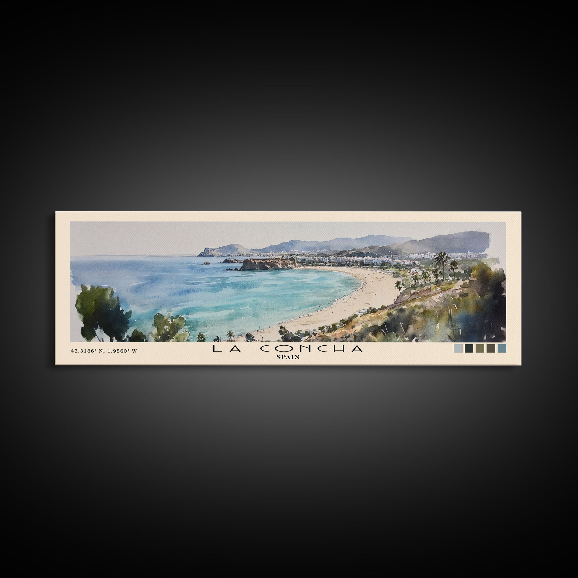 La Concha, Spain Watercolor Print, Vacation Gift, Spain Wall Art, Beach Painting, Beach Decor, Large Wall Art, Wood Frame Art