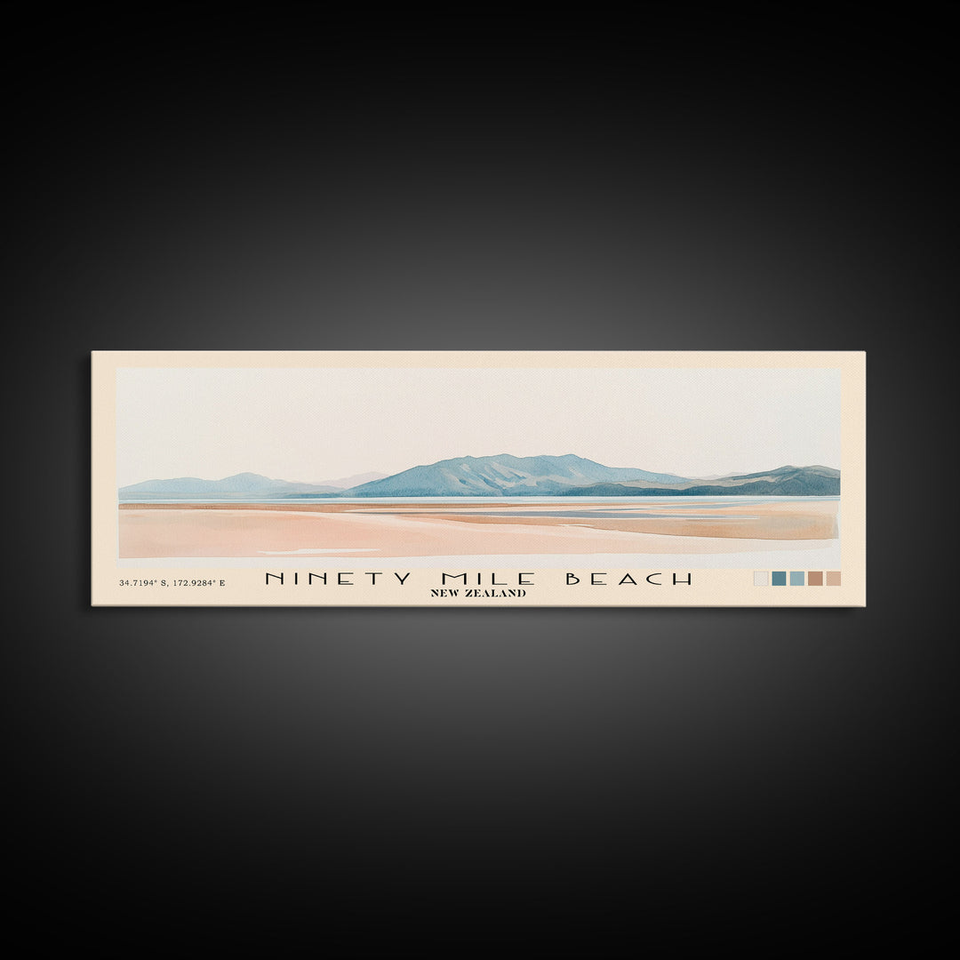 Ninety Mile Beach, New Zealand Watercolor Print, Vacation Gift, New Zealand Wall Art, Beach Painting, Beach Decor, Large Wall Art, Wood Frame Art