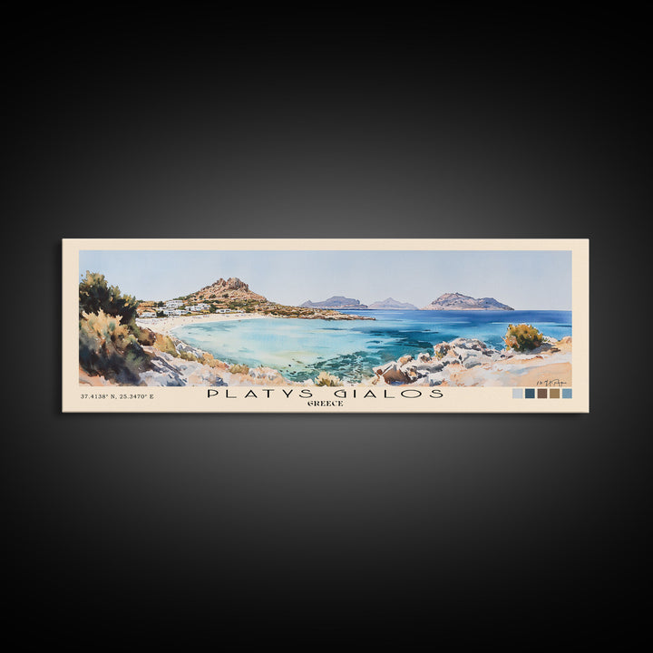 Platys Gialos, Greece Watercolor Beach Print, Vacation Gift, Greece Wall Art, Framed Canvas Print, Framed Beach Painting