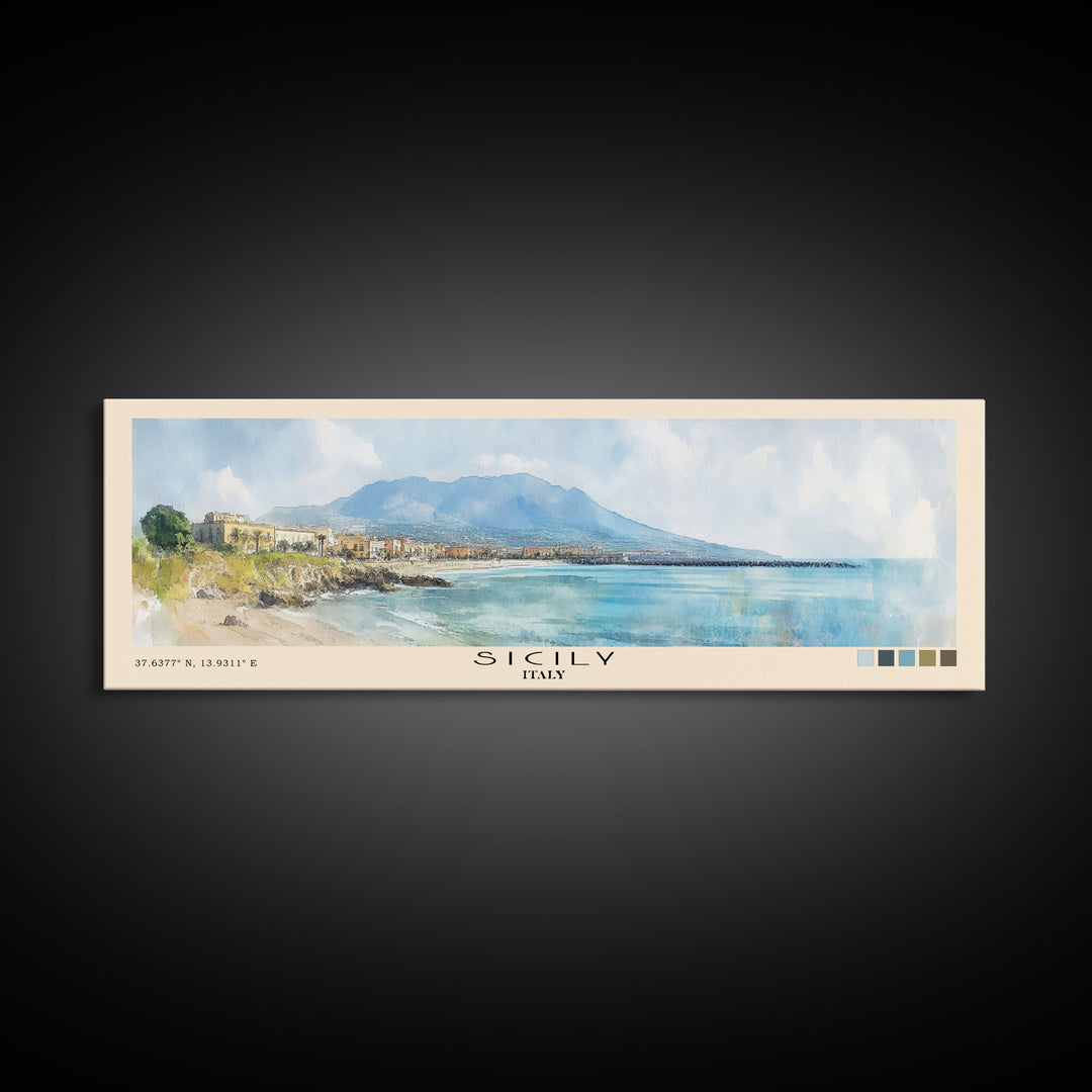 Sicily, Italy Watercolor Beach Print, Vacation Gift, Italy Wall Art, Framed Canvas Print, Framed Beach Painting
