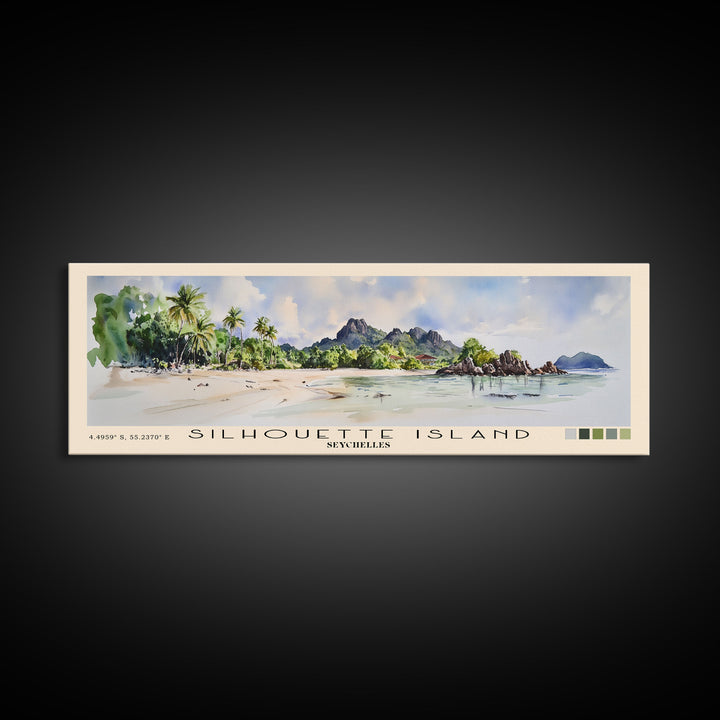 Silhouette Island, Seychelles Watercolor Print, Vacation Gift, Seychelles Wall Art, Beach Painting, Beach Decor, Large Wall Art, Wood Frame Art