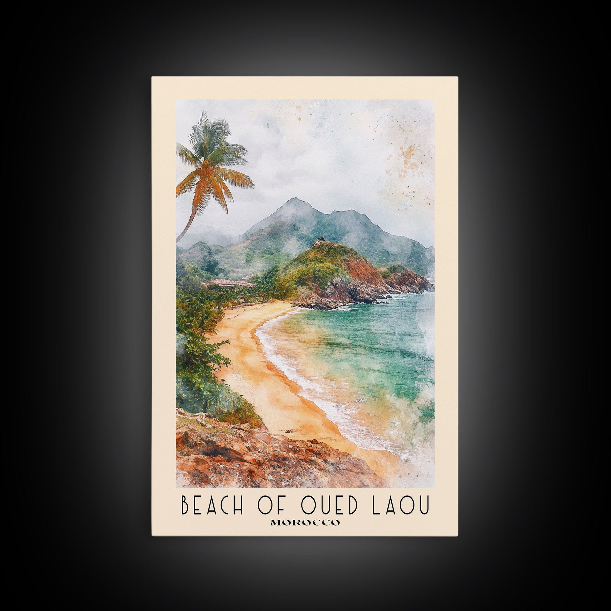 Beach of Oued Laou, Morocco Watercolor Print, Vacation Gift, Morocco Wall Art, Beach Painting, Beach Decor, Large Wall Art, Wood Frame Art