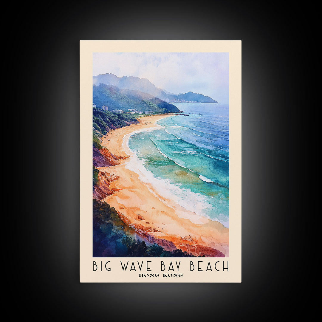 Big Wave Bay Beach, Hong Kong Watercolor Print, Vacation Gift, Hong Kong Wall Art, Beach Painting, Beach Decor, Large Wall Art, Wood Frame Art