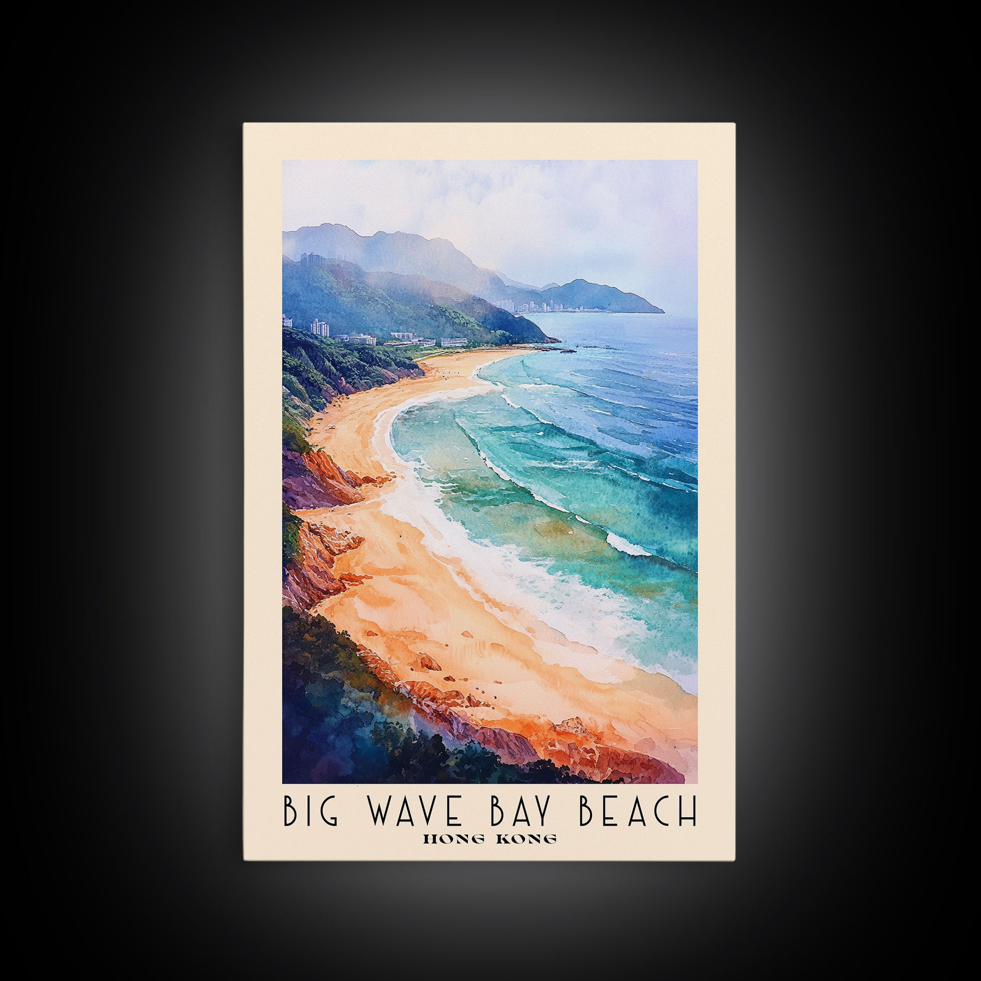 Big Wave Bay Beach, Hong Kong Watercolor Print, Vacation Gift, Hong Kong Wall Art, Beach Painting, Beach Decor, Large Wall Art, Wood Frame Art