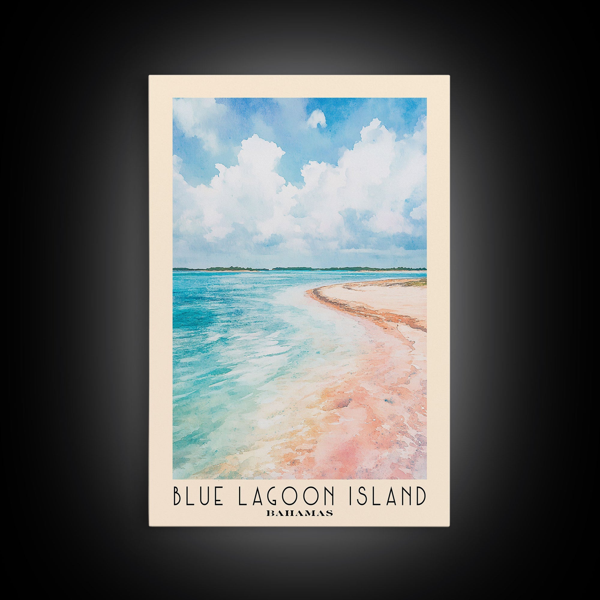 Blue Lagoon Island, Bahamas Watercolor Print, Vacation Gift, Bahamas Wall Art, Beach Painting, Beach Decor, Large Wall Art, Wood Frame Art