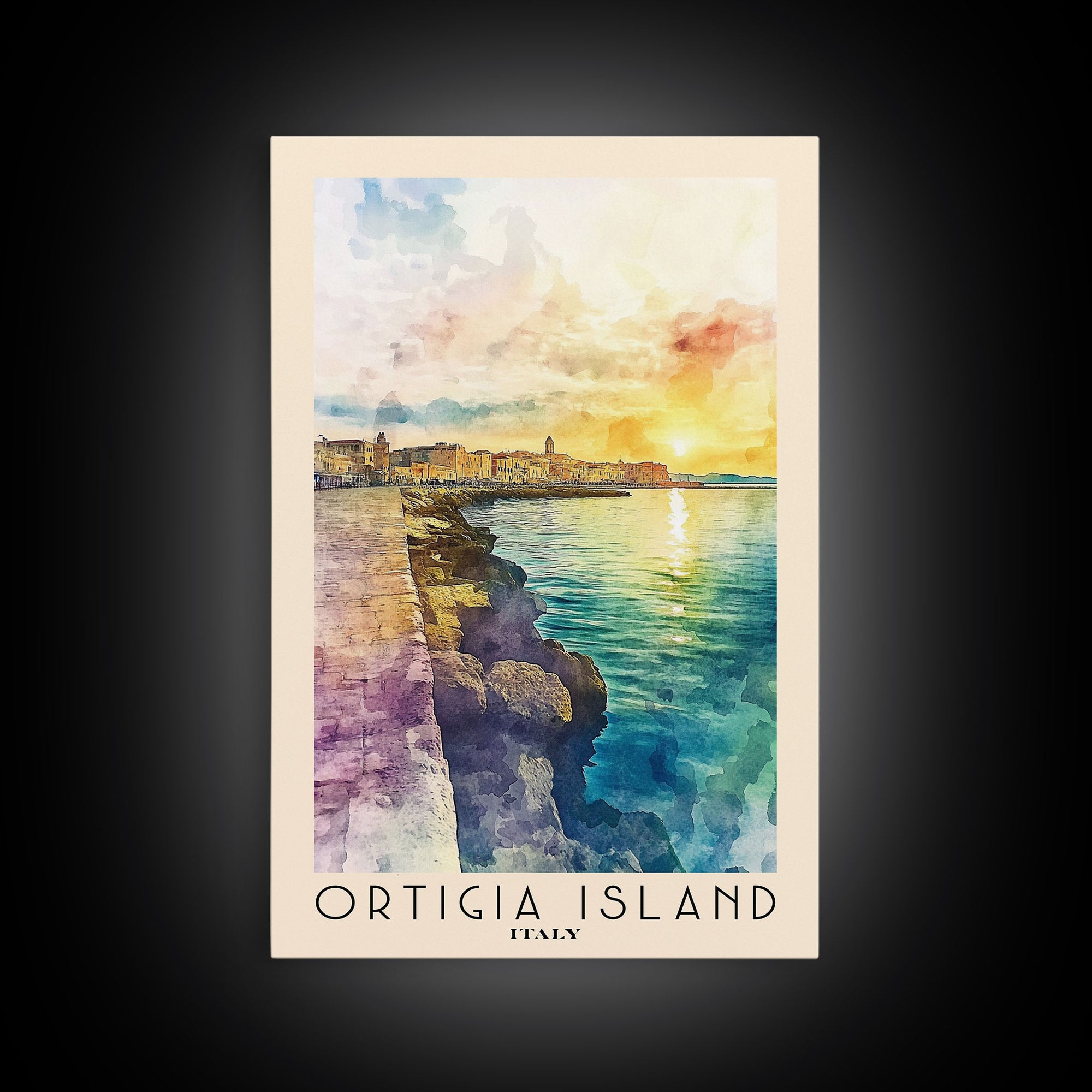 Ortigia Island, Italy Watercolor Print, Vacation Gift, Italy Wall Art, Beach Painting, Beach Decor, Large Wall Art, Wood Frame Art