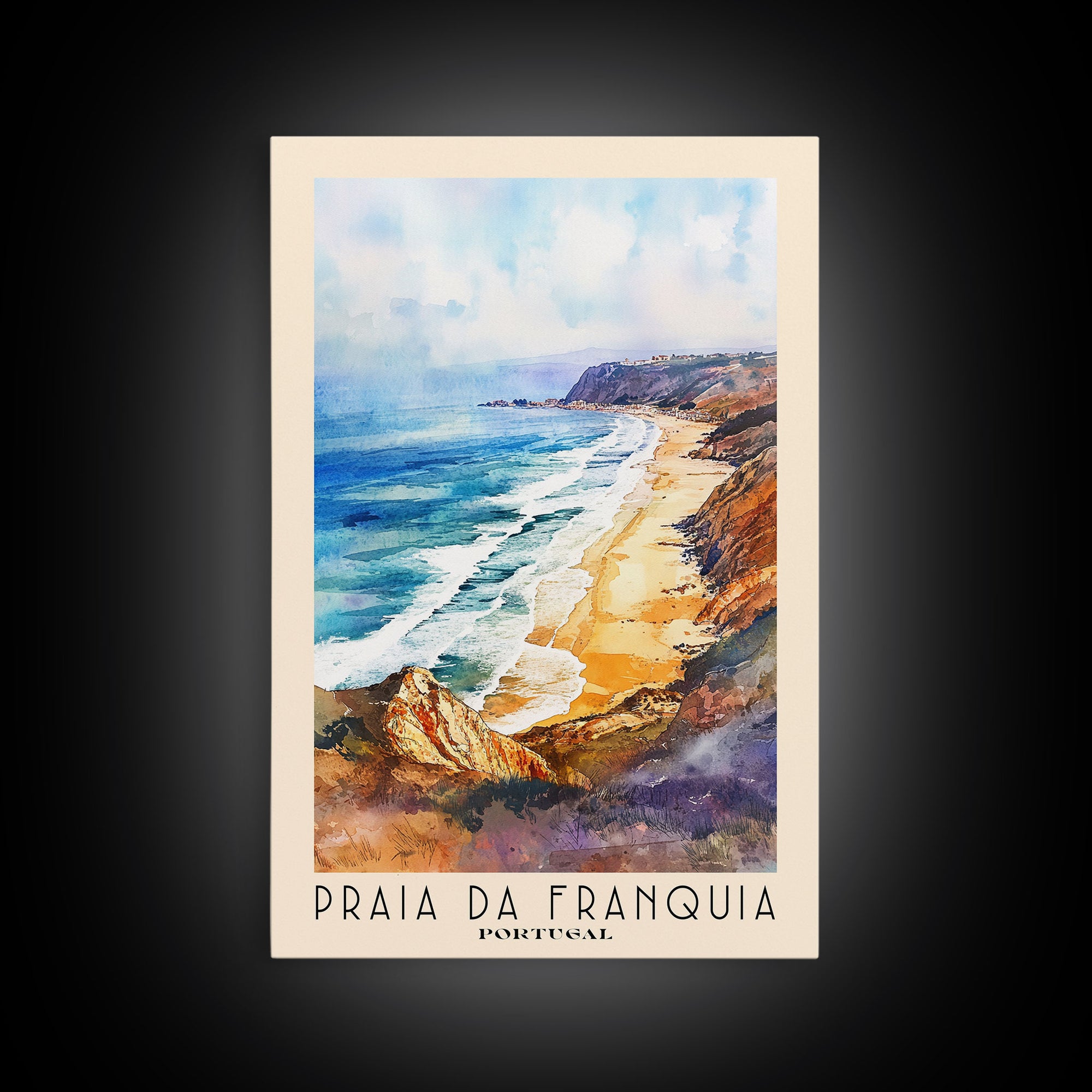 Praia da Franquia, Portugal Watercolor Print, Vacation Gift, Portugal Wall Art, Beach Painting, Beach Decor, Large Wall Art, Wood Frame Art