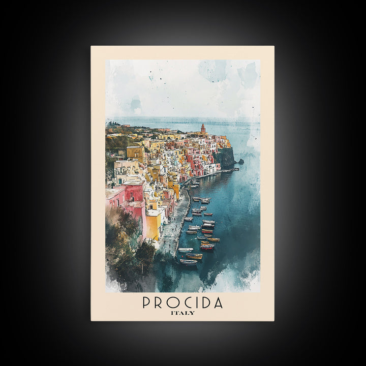 Procida, Italy Watercolor Beach Print, Vacation Gift, Italy Wall Art, Framed Canvas Print, Framed Beach Painting