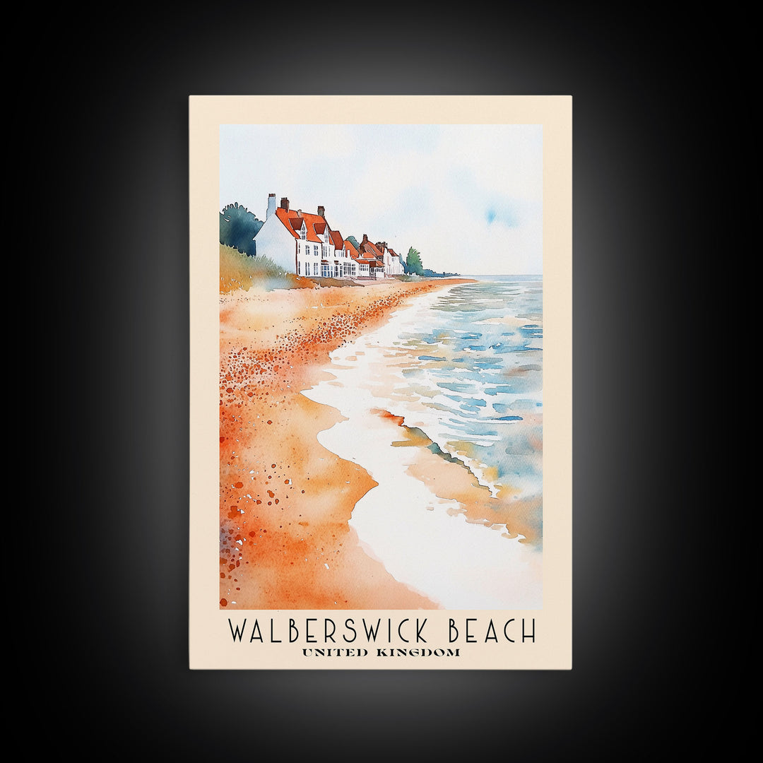 Walberswick Beach, United Kingdom Watercolor Beach Print, Vacation Gift, United Kingdom Wall Art, Framed Canvas Print, Framed Beach Painting