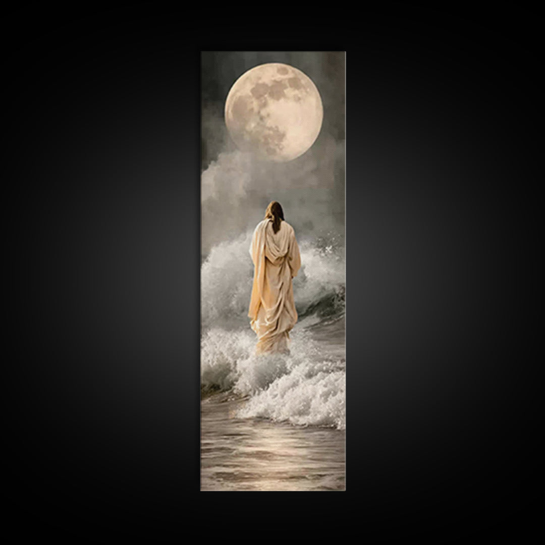 Moonlit Footsteps – Framed Canvas Print – Tall Skinny Art Print – Jesus Painting – Christian Art Canvas – Christian Wall Art
