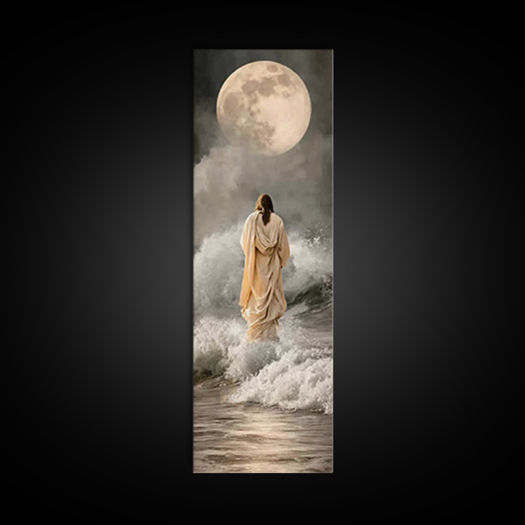 Moonlit Footsteps – Framed Canvas Print – Tall Skinny Art Print – Jesus Painting – Christian Art Canvas – Christian Wall Art
